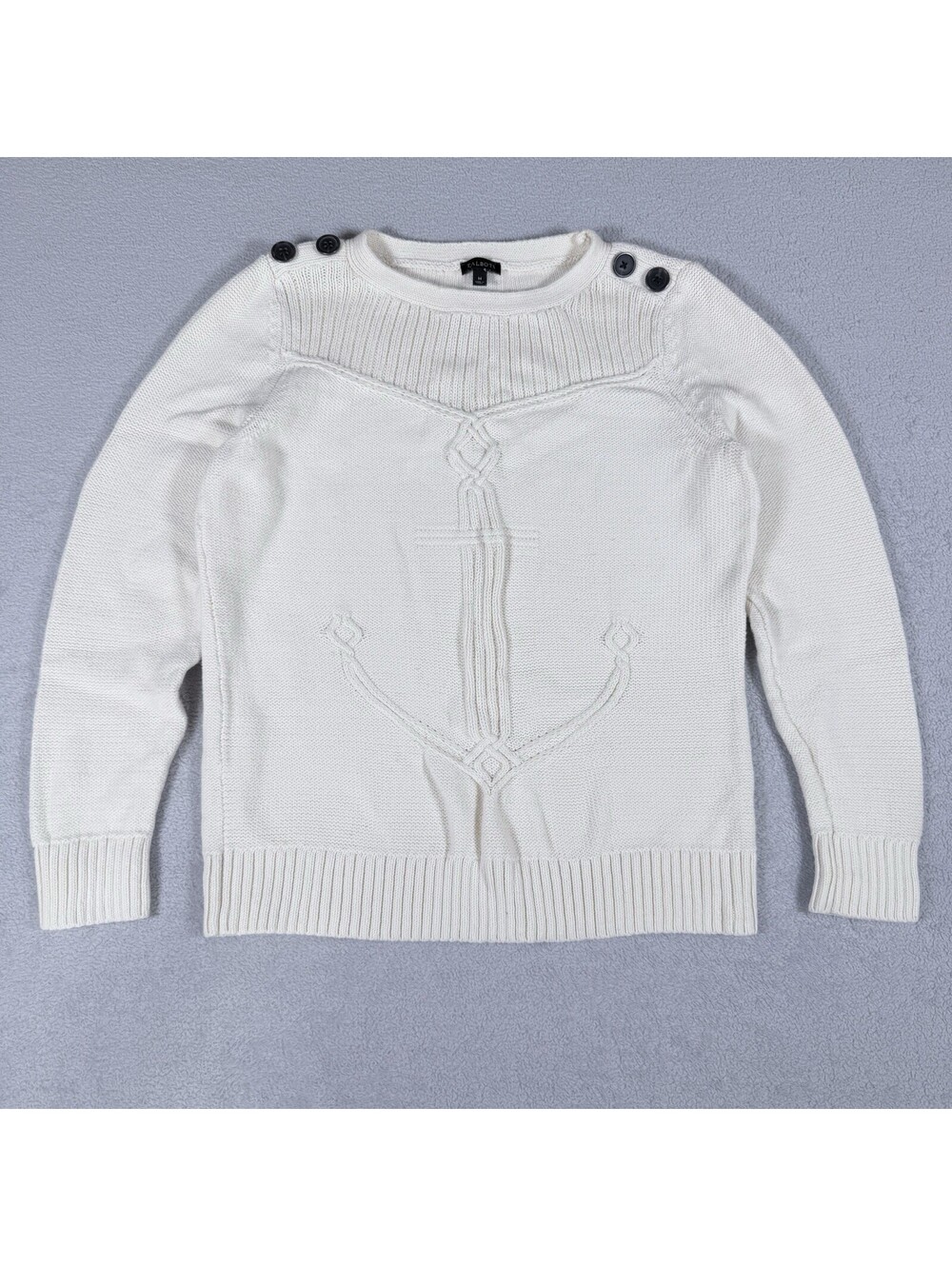 Talbots Anchor Cable Knit Sweater Size Medium Cream Button Coastal Beach